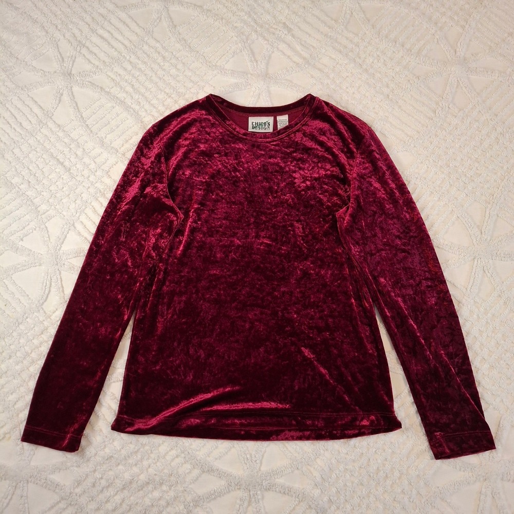 Chicos Womens Small Vintage Top Burgundy Crushed Velvet Long Sleeve Crew‎ Neck
